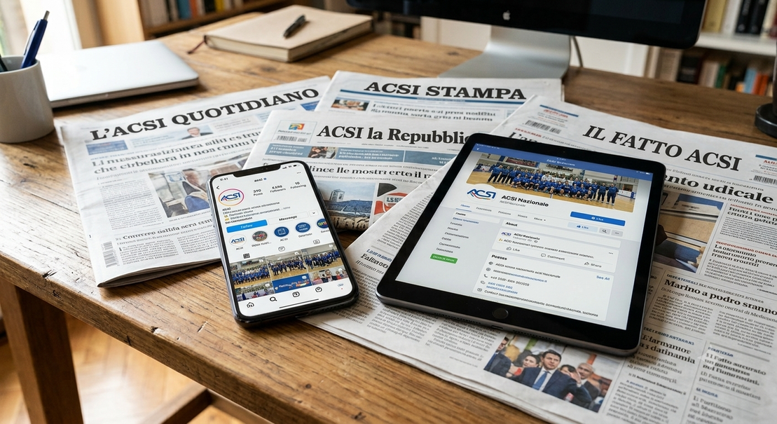 Staff comunicazione ACSI al lavoro su computer e materiali stampa